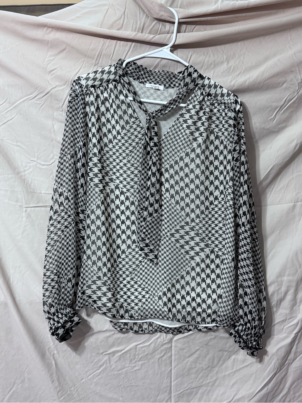 Pleione Black & White Houndstooth Tie-Front Blouse